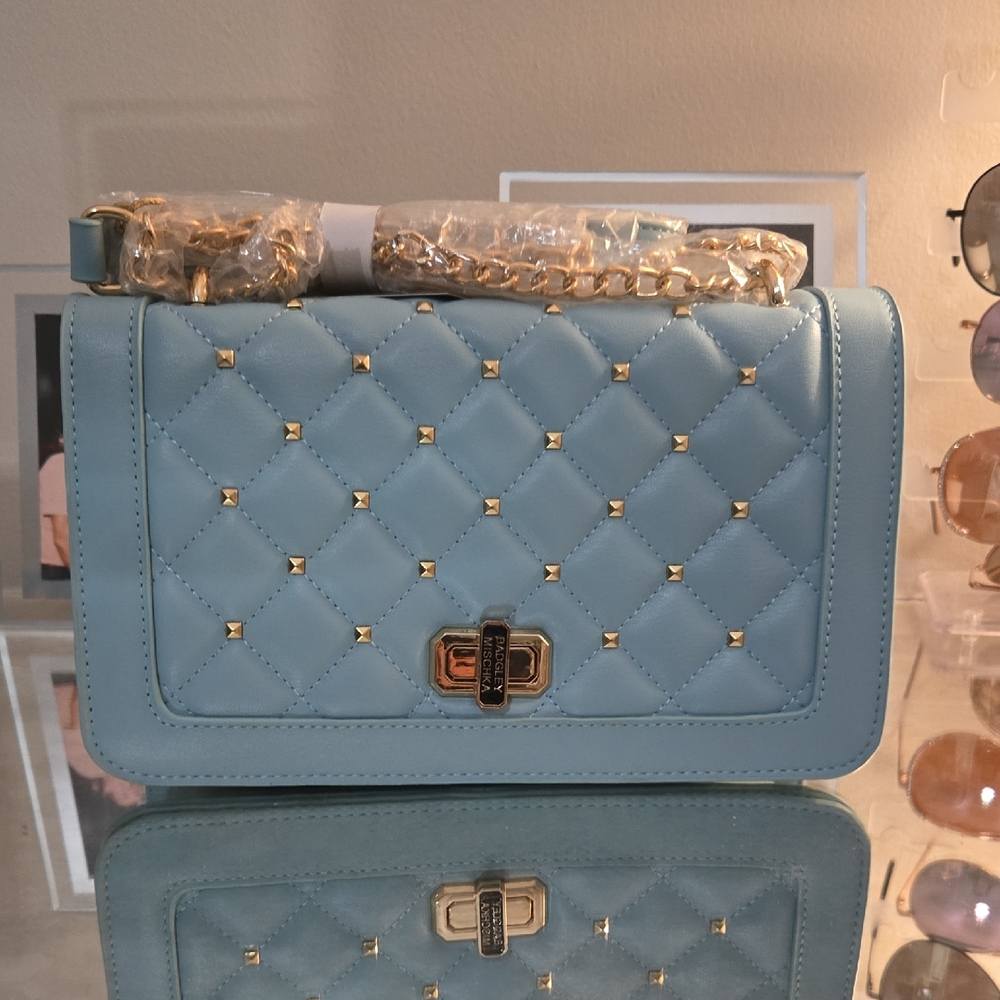 Badgley Mischka Quilted Blue and Gold Crossbody Bag